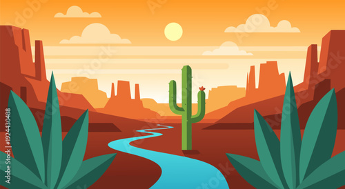 Serene Desert Sunset Vector Illustration with Winding Blue River, Red Cliffs, and Tallest Cactus in Digital Landscape
