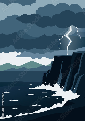 Dramatic Coastal Cliff in Lightning Storm Vector Illustration