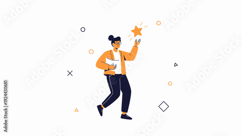 Woman celebrating success, holding a glowing star and a document
