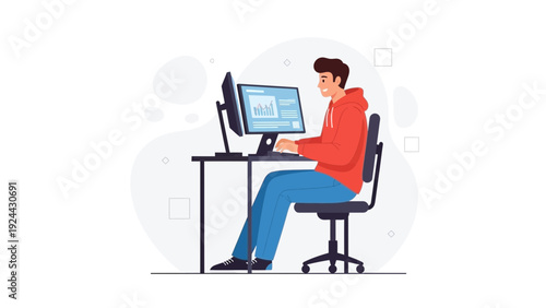 Young man working on computer, coding or analyzing data, modern office setup