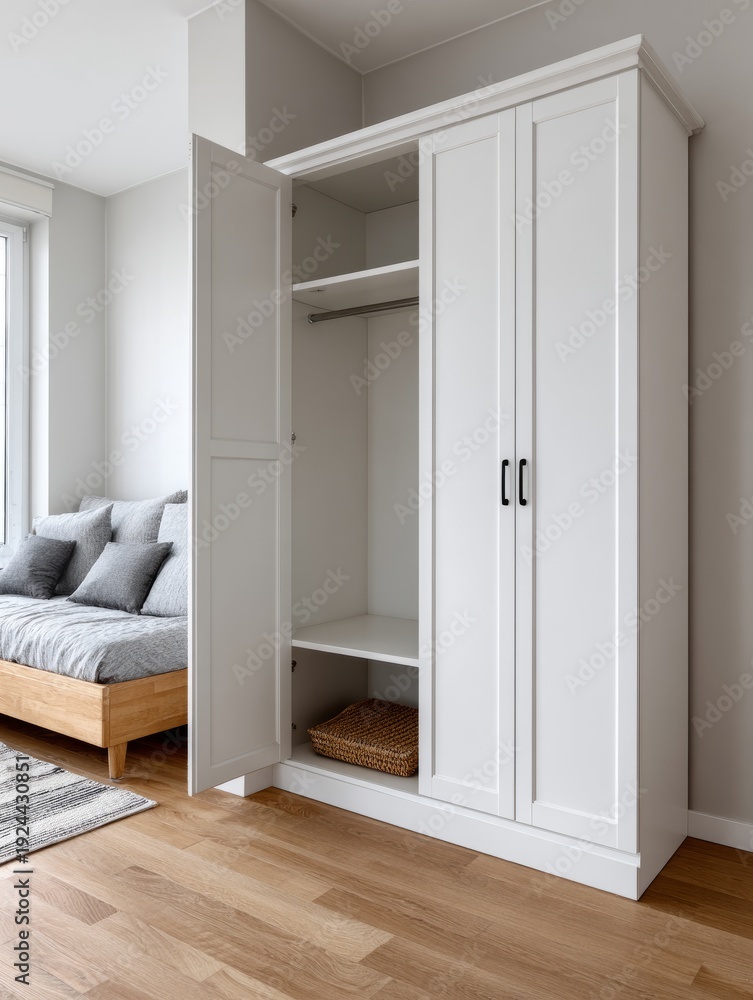 Fototapeta premium Minimalist white wardrobe with open doors in modern bedroom