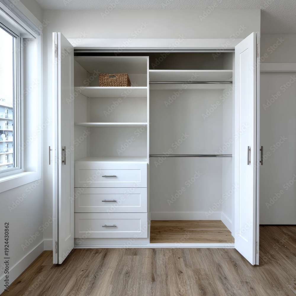 Fototapeta premium Minimalist empty white closet with wooden floor in modern apartment