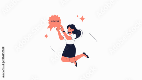 Woman Jumping for Joy Holding a Success Award Ribbon