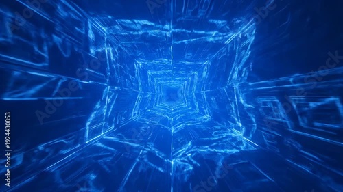 A vibrant blue tunnel with geometric lines creates an immersive, futuristic experience. The edges fade towards center