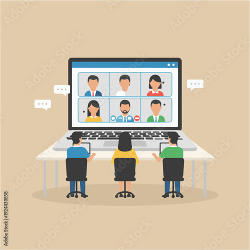 Group video conference on laptop screen