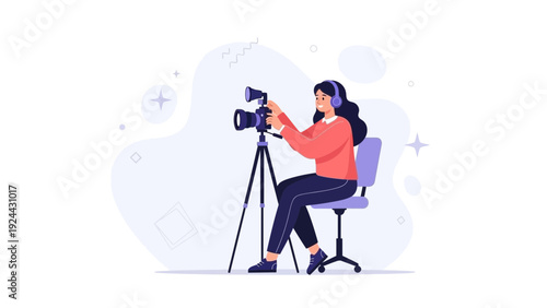 Woman videographer filming with professional camera on tripod, wearing headphones