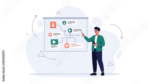 Man Presenting Business Strategy Flowchart on Whiteboard - Illustration