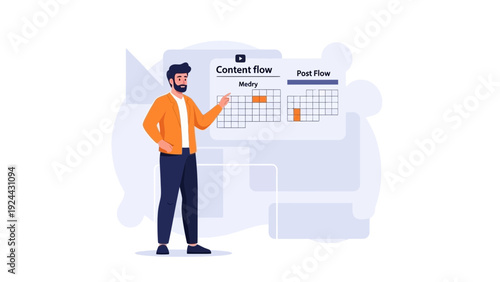 Man presenting content flow and post flow strategy on a digital board