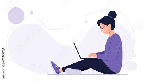 Woman Working on Laptop Computer Sitting on Floor, Casual Remote Work Illustration