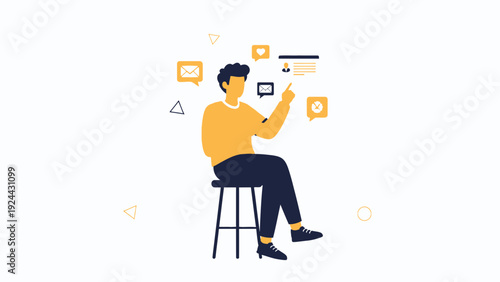 Man Interacting with Digital Social Media Icons and Notifications