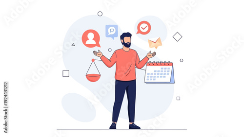 Man juggling tasks, calendar, and balance scale for time management concept