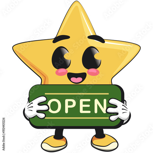 cute star mascot character showing a sign that says open, isolated vector illustration, work of hand drawn