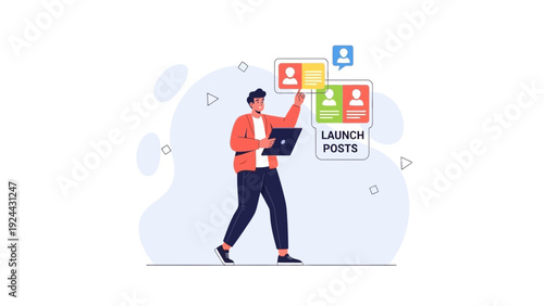 Man Launching Posts with Laptop and User Profiles