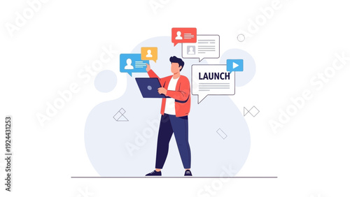 Man launching product online with laptop and social media notifications