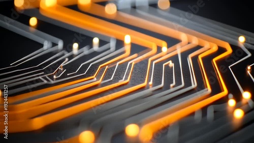 circuit board with glowing orange lights