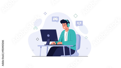 Young Gamer Playing Video Games on Computer with Headphones