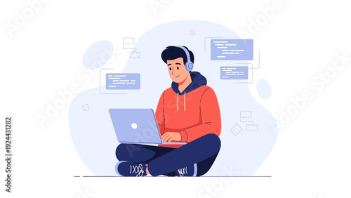 Young man coding on laptop with headphones, illustration