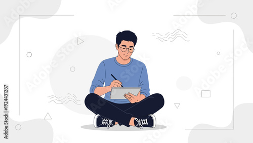 Young man drawing on tablet, creative work, digital art, freelance, white background