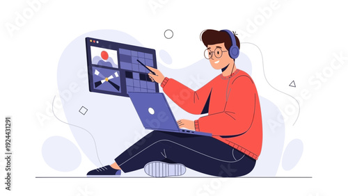 Young man editing video on computer with headphones, creative workflow concept