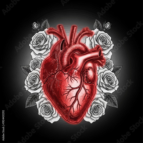 Anatomical Heart with White Roses – Gothic Chalk Illustration Art
