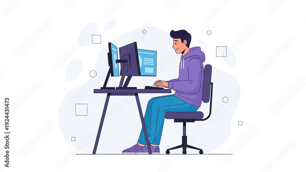 Fototapeta premium Young man working at computer, coding, programming, multitasking, flat illustration style