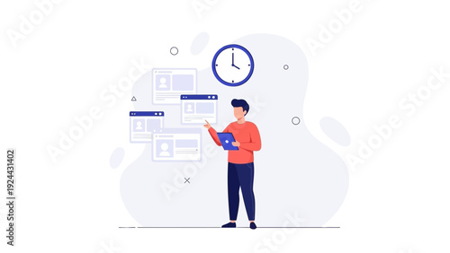 Man managing project timeline and tasks with digital tablet and clock overhead