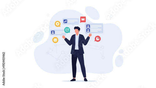 Man managing social media notifications and messages, digital communication concept