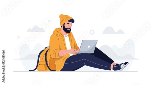 Young Man with Laptop and Backpack Sitting Outdoors, Working Remotely