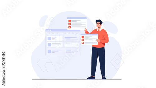 Man managing tasks and projects on digital interface, project management concept