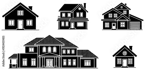 Modern house designs collection in black and white vector illustrations