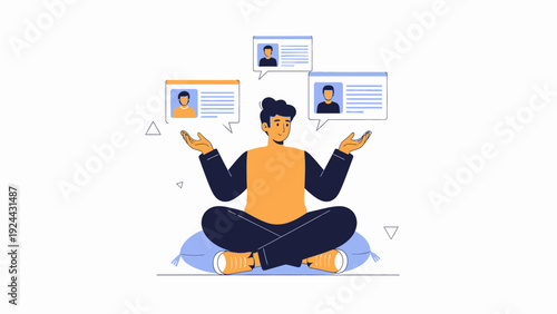 Man Meditating With Profile Icons and Speech Bubbles Representing Choices