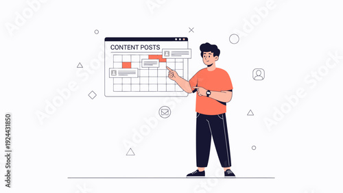 Man planning content posts on a digital calendar schedule, marketing strategy