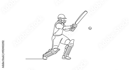 Cricket Player Swinging Bat at Ball Line Art