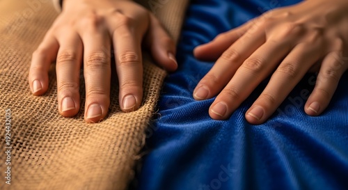 Two hands gently touching different textured fabrics