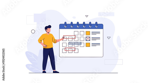 Man planning schedule on calendar, time management concept, flat design