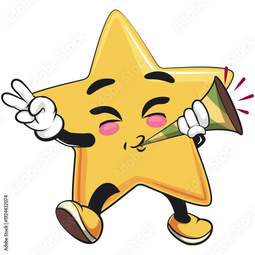 cute star mascot character blow the party horn trumpet, isolated vector illustration, work of hand drawn