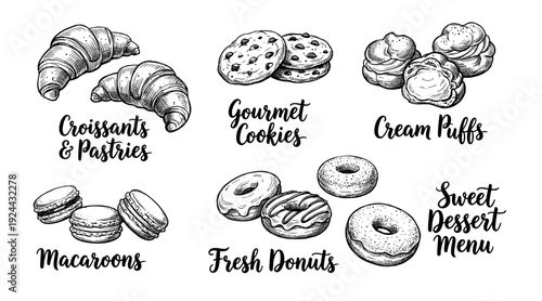 Sweet Dessert Menu Collection featuring Hand Drawn Croissants Gourmet Cookies Cream Puffs Macaroons and Fresh Donuts