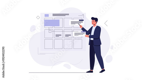 Man pointing at a project plan on a whiteboard, business strategy, planning, presentation
