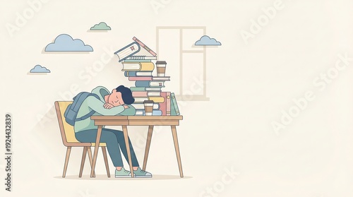 Student experiencing academic burnout and exhaustion, sleeping at a desk with a large stack of books and empty coffee cups, symbolizing overwork and stress during studies