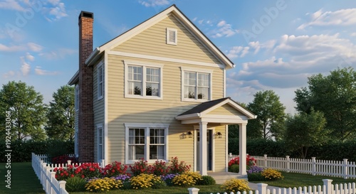 Residential house exterior with white fence and landscaping against cloudy sky