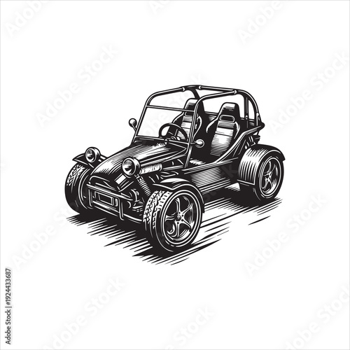 Vector illustration of a sleek, black dune buggy with a minimalist design and bold lines on a clean white background.