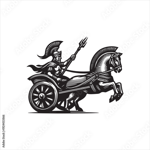 A warrior in ancient armor rides a horse-drawn chariot with a spear, depicted in a black and white vector illustration against a clean white background.