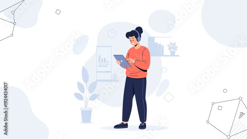Young person with headphones using tablet, modern flat illustration, study or work