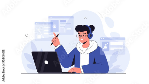 Young person with headphones working on laptop, surrounded by digital screens