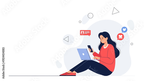 Young woman using laptop and smartphone for social media and online communication