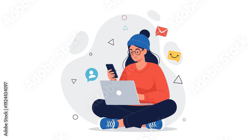 Young woman using laptop and smartphone, digital communication concept