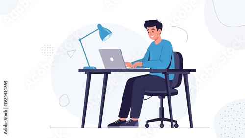 Young Man Working on Laptop at Desk with Desk Lamp, Flat Design