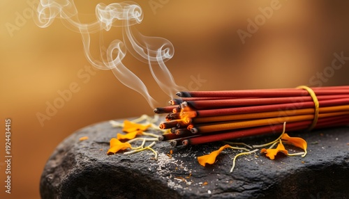 Burning incense sticks emitting aromatic smoke on a stone with marigold petals, representing devotion and prayer for Thaipusam Concept