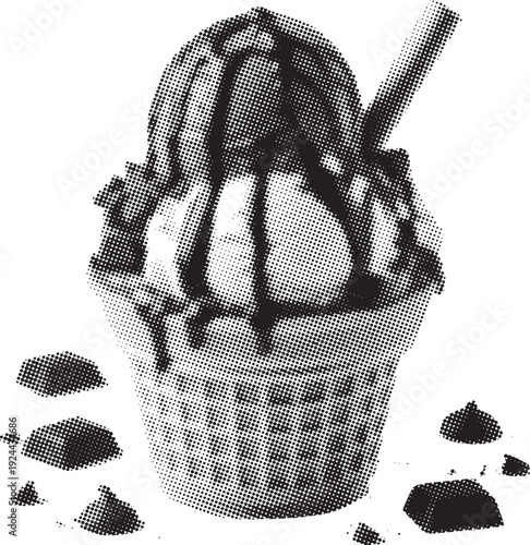 Delicious ice cream cone generously drizzled with chocolate sauce and a wafer stick.