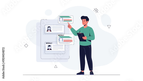 Man reviewing employee profiles on a digital board, recruitment concept